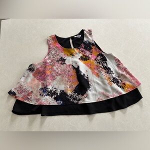 Bar III Abstract Print Layered Peplum Tank Top - Pink, Black, Yellow Sz. Large